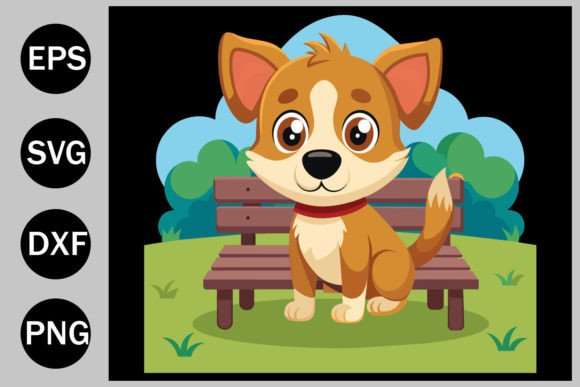 A Cartoon Puppy is Sitting on a Bench