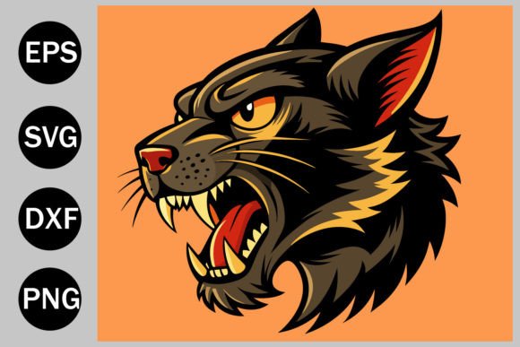 Angry Black Cat Side Profile Head in Old