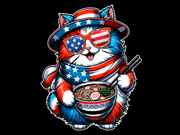 Cat Eating Ramen 4th of July USA Flag
