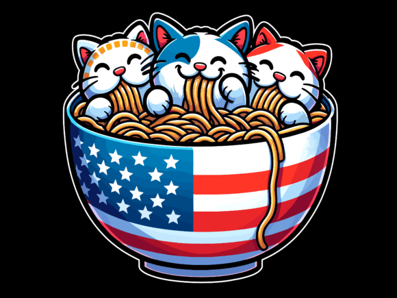 Group of Cats Eating Ramen 4th of July