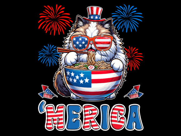 Merica Cat Eating Ramen 4th of July