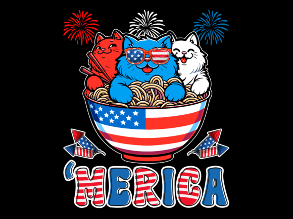 Merica Three Cat Eating Ramen Vector