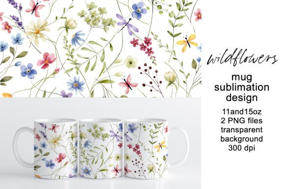 Mug Wrap, Design with Wild Flowers, PNG