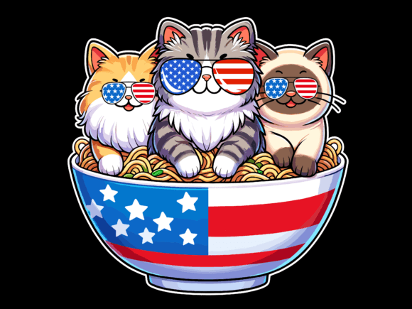 Three Cats Eating Ramen 4th of July